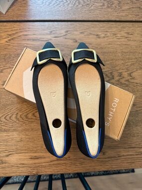 Rothy's Black Pointed Flats with Gold Buckle and Blue Trim NWT